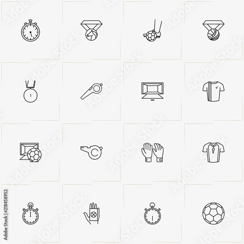 Football line icon set with referee jersey, goalkeeper gloves and soccer ball