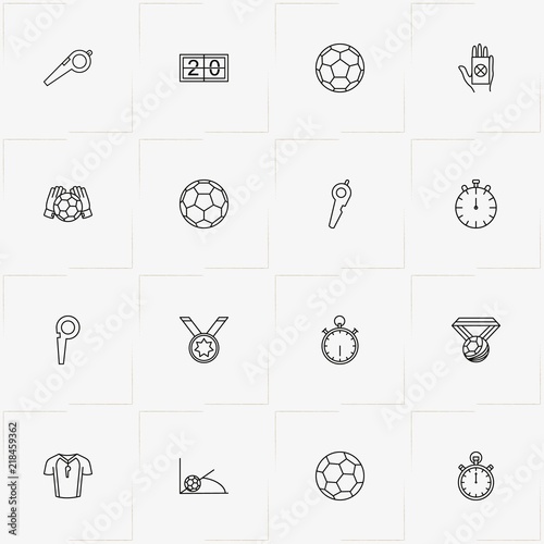 Football line icon set with whistle, football corner kick  and score board