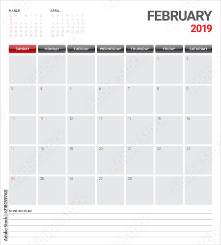 February 2019 desk calendar vector illustration
