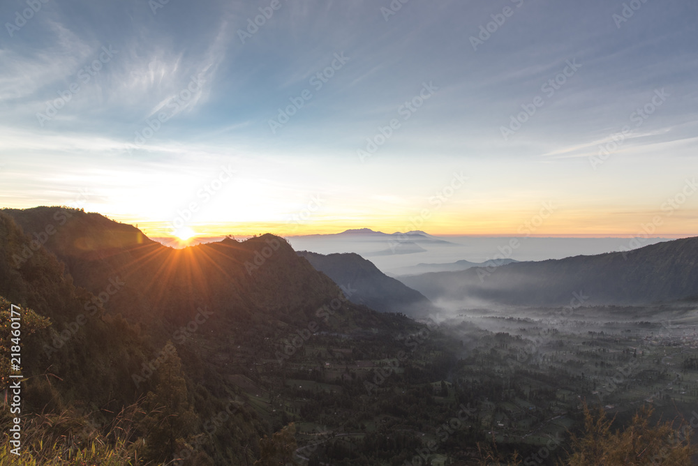 Sunrise at Mount Bromo, is an active volcano and part of the Tengger massif, in East Java, Indonesia