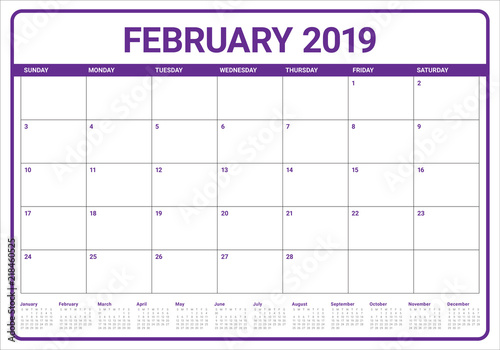 February 2019 desk calendar vector illustration