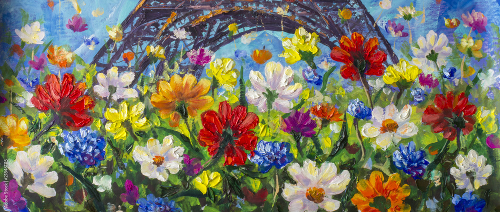 Obraz Oryginalny ręcznie malowany obraz olejny o jasnych kwiatach wykonany z palety. Czerwone, żółte, niebieskie, fioletowe kwiaty abstrakcyjne. Makro malowanie impastowe.