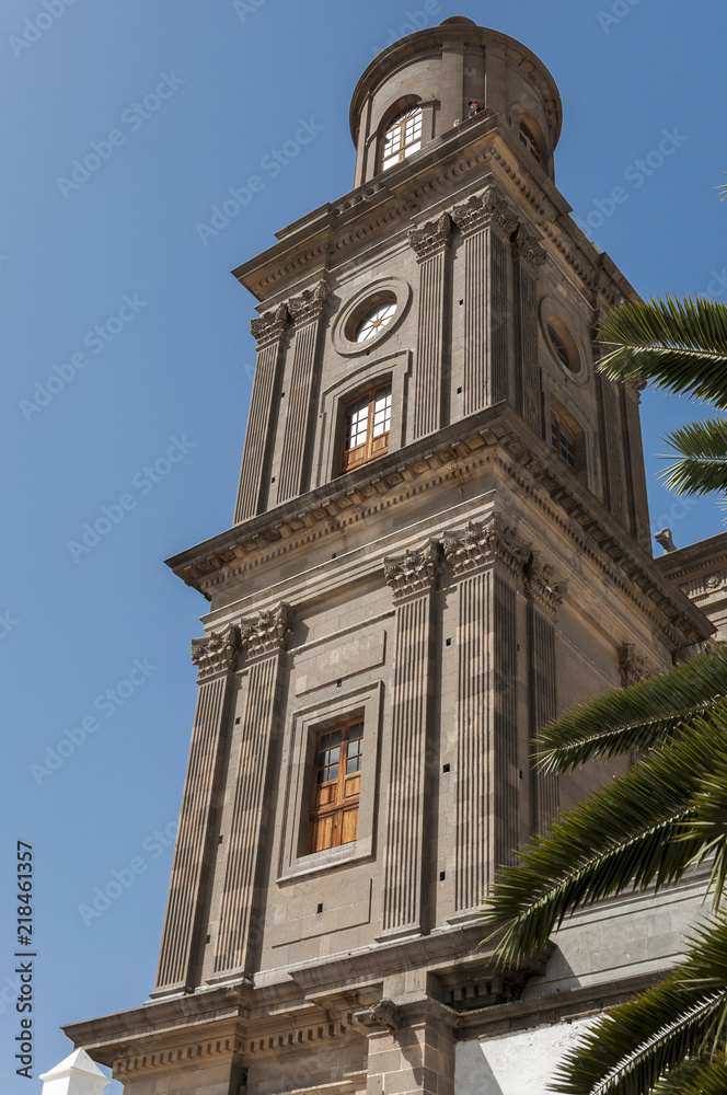 Close-up of the belfry of the Cathedral of Santa Ana, in Las Palmas de Gran Canaria, Canary Islands, Spain. It is considered the most important monument of Canarian religious architecture