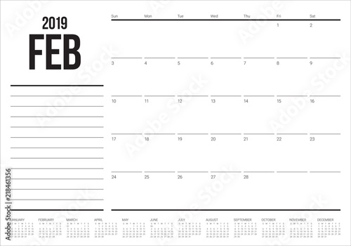February 2019 desk calendar vector illustration