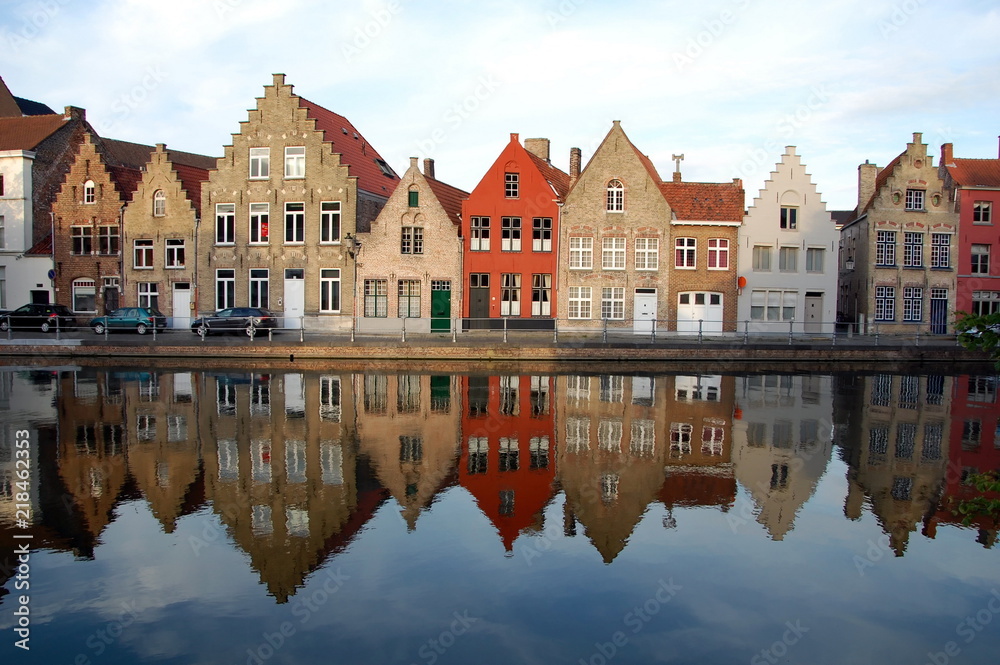 Canal embankment in the evening in Bruges, Belgium