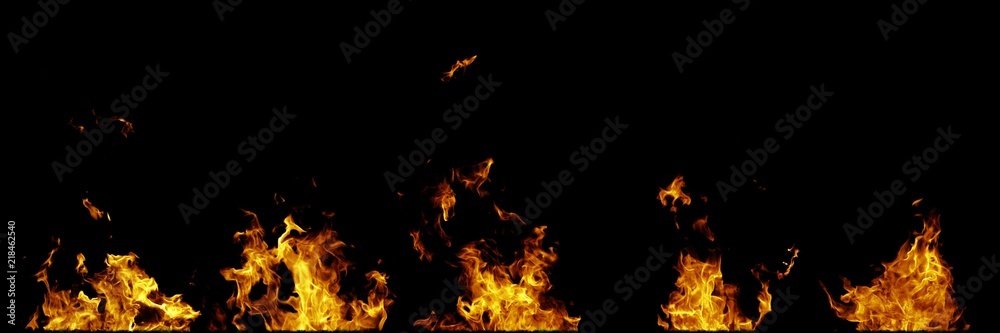 Real fire flames isolated on black background. Mockup on black of 5 flames.