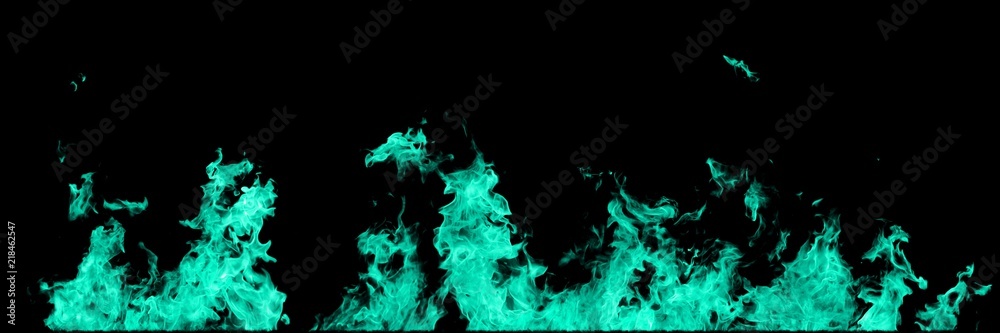 Real teal, sea-green line of fire flames isolated on black background. Mockup on black of wall of fire.