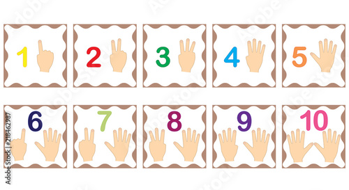 Learning numbers, mathematics with fingers of hand. Flash cards with numbers from 1 to 10, set. Game for children. Vector illustration.