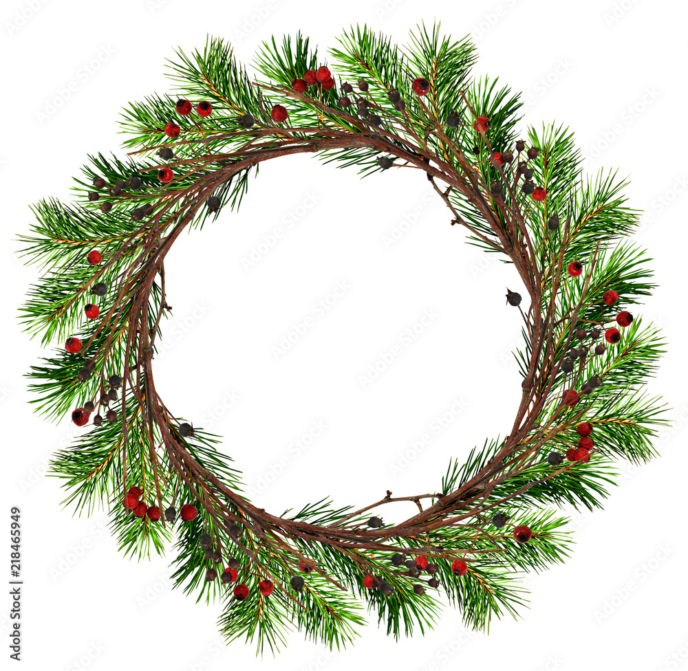 Round wreath from dry twigs and Christmas tree branches with black and red berries Round wreath from dry twigs and Christmas tree branches with black and red berries