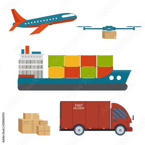 Logistics and delivery service set: truck with packages, helicop