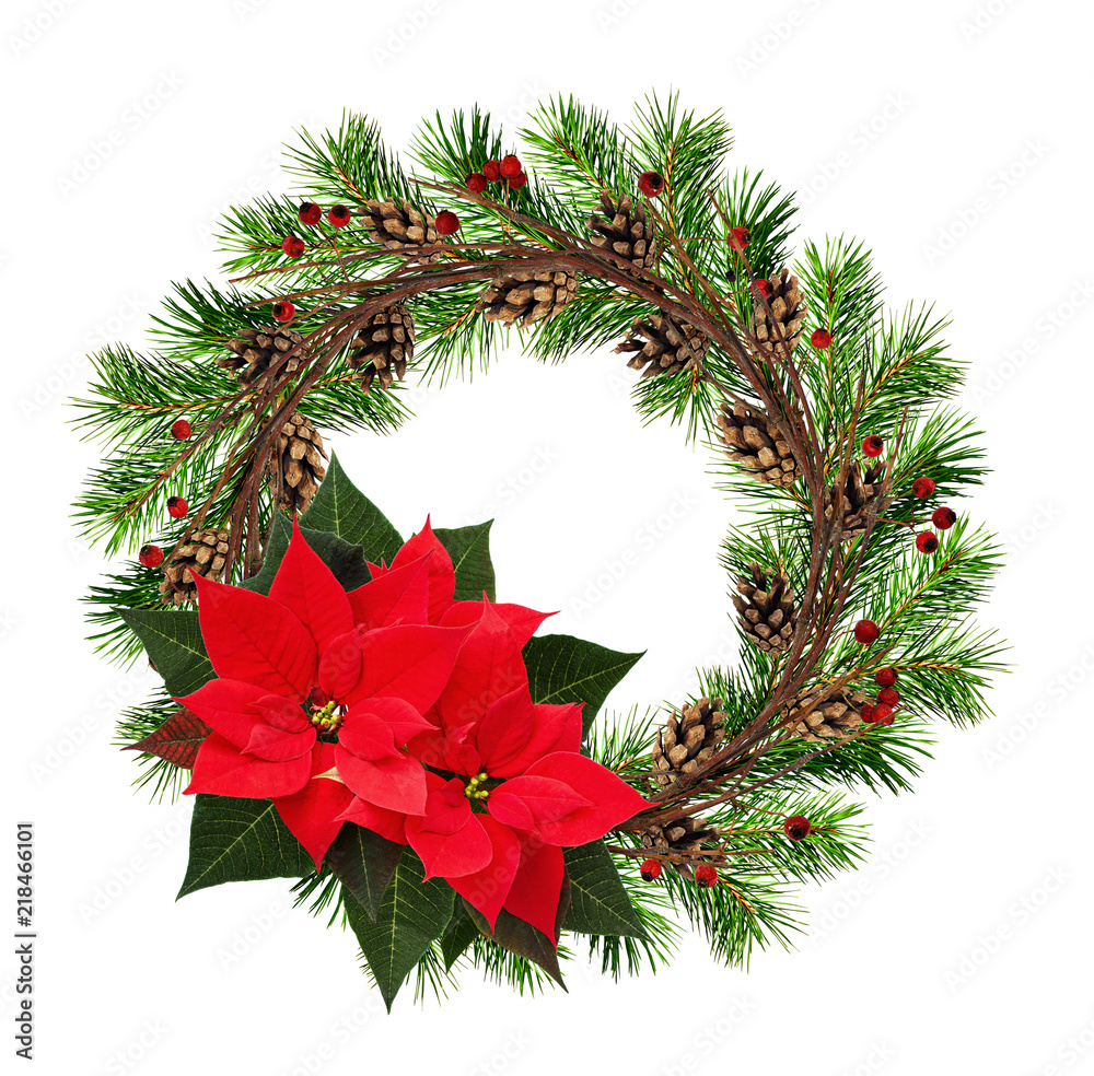 Round wreath from dry twigs and Christmas tree branches with red berries, cones, and poinsettia flowers Round wreath from dry twigs and Christmas tree branches with red berries, cones, and poinsettia flowers
