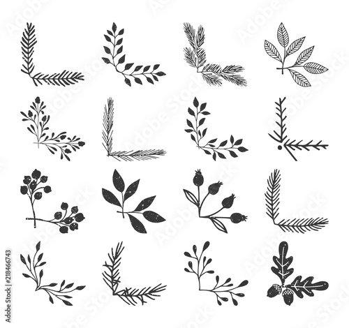 Ink floral corners. Sketched vector illustration. Fancy borders. Isolated.
