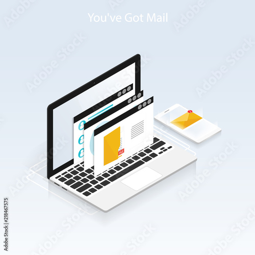  You've got mail,isometric Email laptop notifications vector