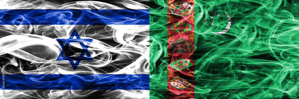 Israel vs Turkmenistan smoke flags placed side by side. Israeli and Turkmenistan flag together