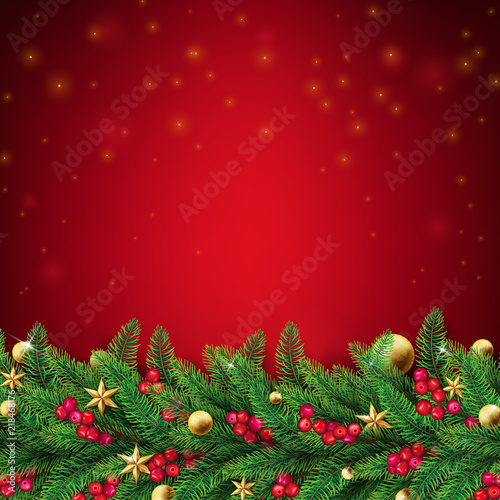 Christmas red background with fir branches and ornaments such as stars,balls and red berries.Top dropping fairy flare