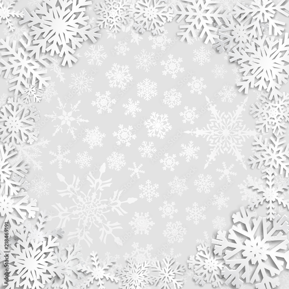 Christmas illustration with circle frame of white snowflakes on gray background