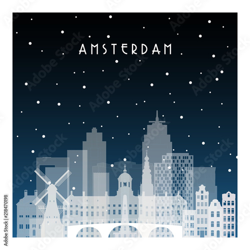 Winter night in Amsterdam. Night city in flat style for banner, poster, illustration, background.