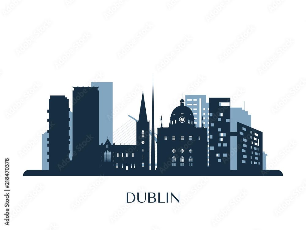 Dublin skyline, monochrome silhouette. Vector illustration.