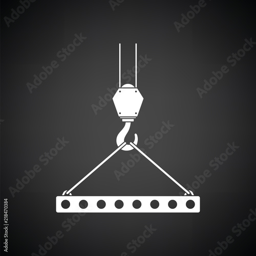 Icon of slab hanged on crane hook by rope slings