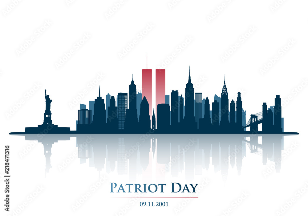 Twins Tower in New York City Skyline. World Trade Center. September 11, 2001 National Day of Remembrance. Patriot Day anniversary banner. Vector illustration.
