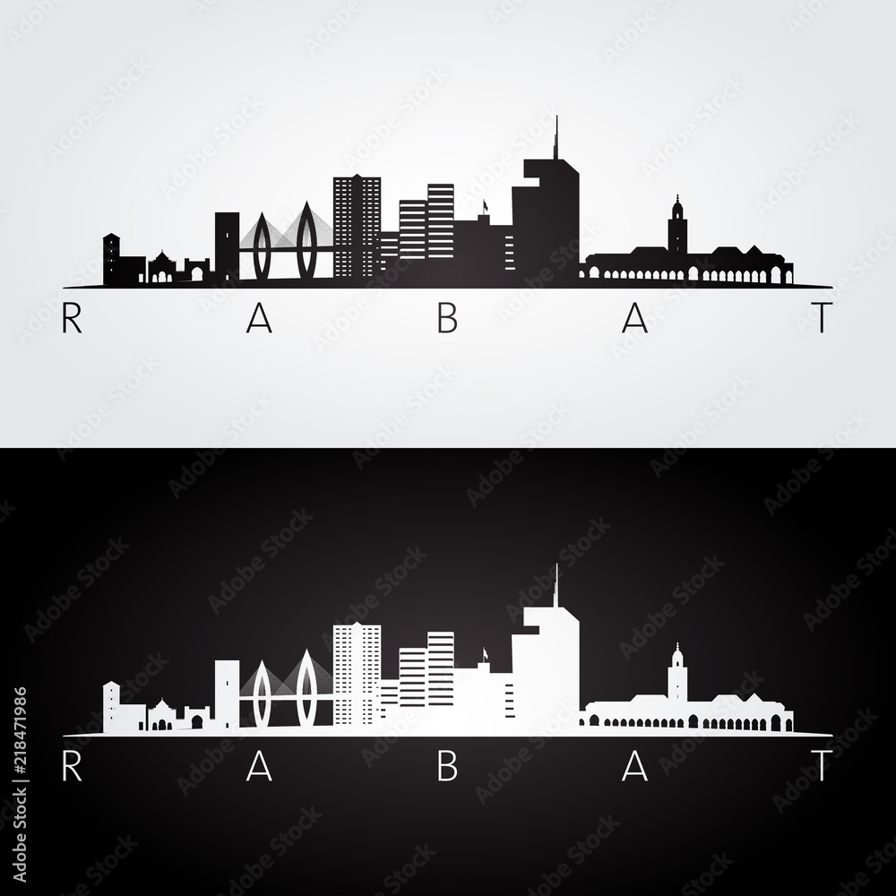Rabat skyline and landmarks silhouette, black and white design, vector illustration.