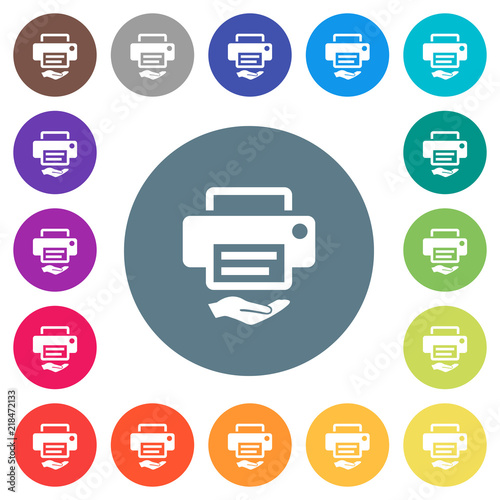 Shared printer flat white icons on round color backgrounds