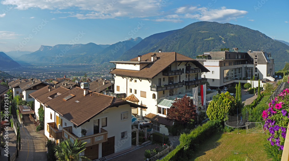 Landscape to Val Venosta from Dorf Tirol, Bolzano, Italy. Summer time