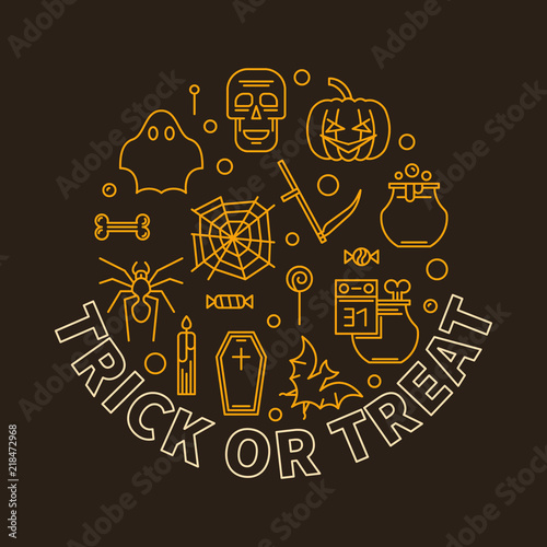 Trick or Treat round vector Halloween Holiday line illustration