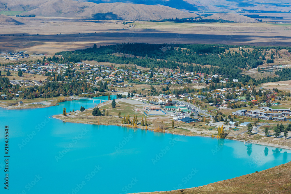 Aerial view of Lake Tekapo from Mount John Observatory in Canterbury