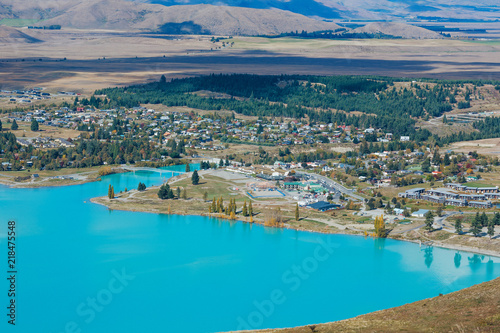 Aerial view of Lake Tekapo from Mount John Observatory in Canterbury