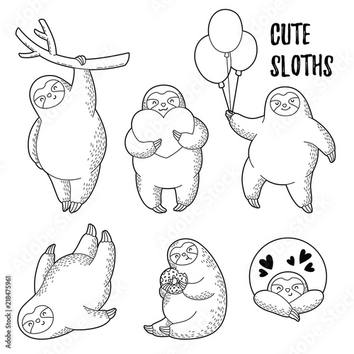 Vector illustration. Collection of cute cartoon sloths