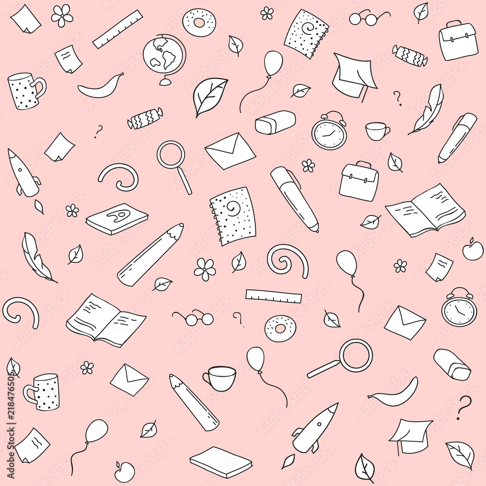 Funny seamless pattern with school supplies and creative elements. Back to school background. Hand drawn vector doodle