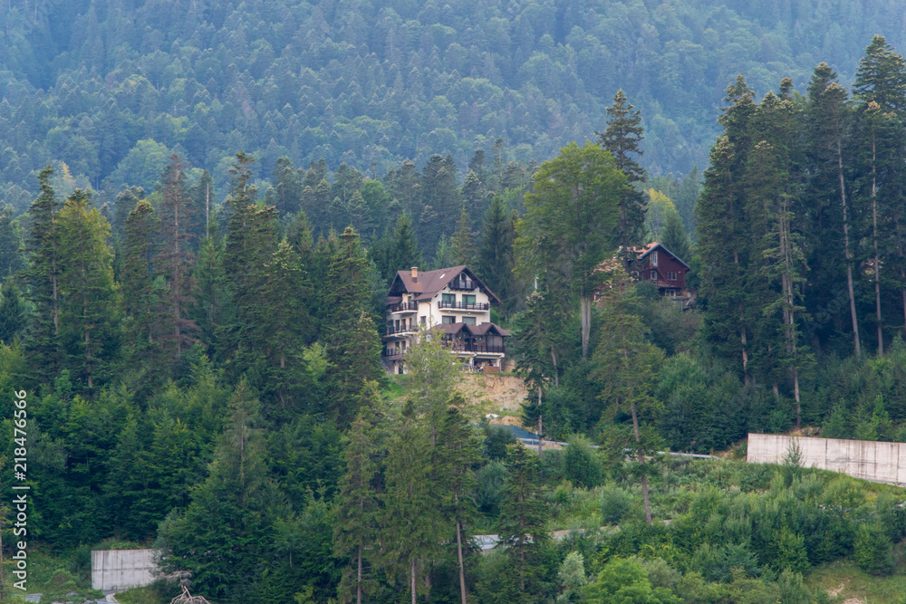 View of a villa in the carpathian mountains, hidden in a wild forest, Mount Bucegi romania