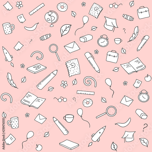 Funny seamless pattern with school supplies and creative elements. Back to school background. Hand drawn vector doodle