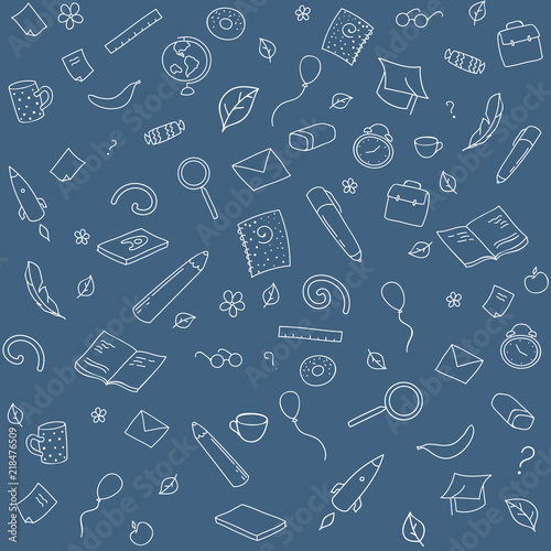 Funny seamless pattern with school supplies and creative elements. Back to school background. Hand drawn vector doodle