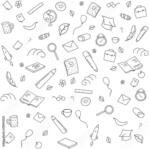 Funny seamless pattern with school supplies and creative elements. Back to school background. Hand drawn vector doodle