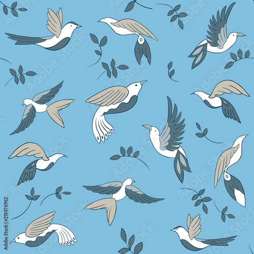 Seamless pattern with little birds and  leaves. Vector illustration on blue background.