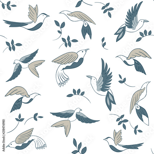 Seamless pattern with little birds and leaves. Vector illustration. Abstract background.