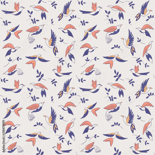 Seamless pattern with little birds and  leaves. Vector illustration. Abstract background.