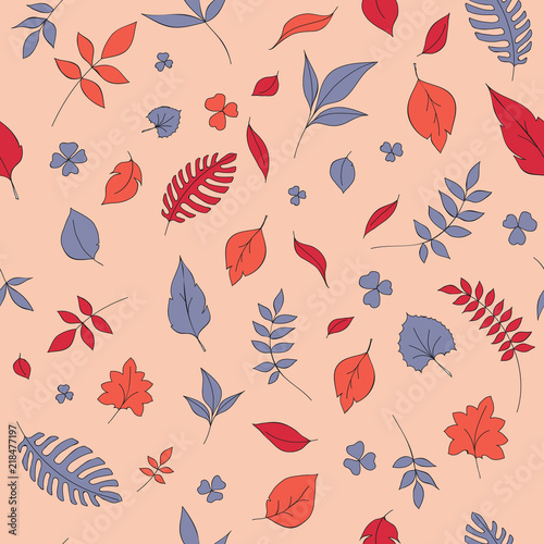 Seamless leaves pattern. Vector illustration. Simple colored ornament for leaflets. Hand drawn doodles.