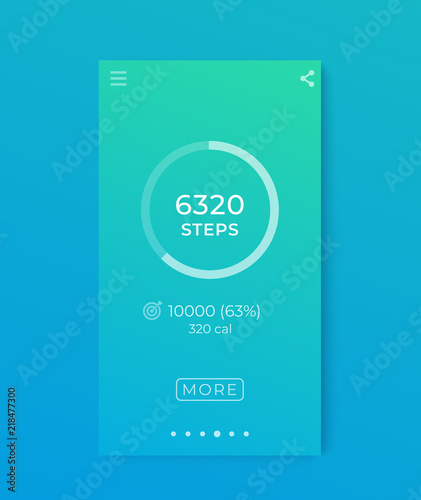 Fitness app, activity tracker, pedometer, step counter mobile interface for smartphone