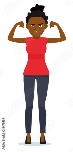 Girl shows biceps isolated on a white background. Human facial expression, body language. African american people. Vector cartoon flat design illustration
