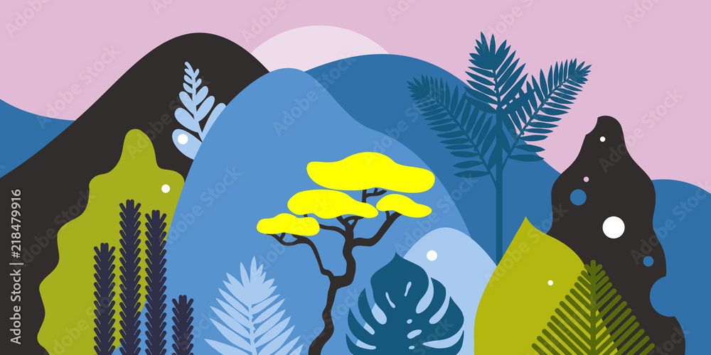 Obraz premium Górski pagórkowaty krajobraz z tropikalnymi roślinami i drzewami, palmami, sukulentami. Styl skandynawski. Ochrona środowiska, ekologia. Park, przestrzeń zewnętrzna, zewnętrzna. Ilustracji wektorowych.
