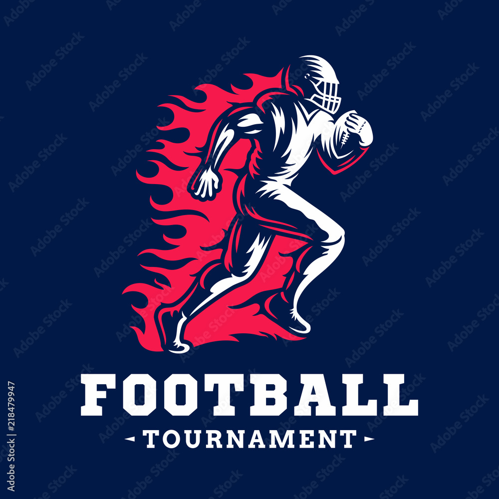 A player in American football is running on fire - emblem design, illustration on a dark background