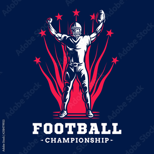 A player in football celebrates a victory against the background of fireworks - emblem design, illustration on a dark background