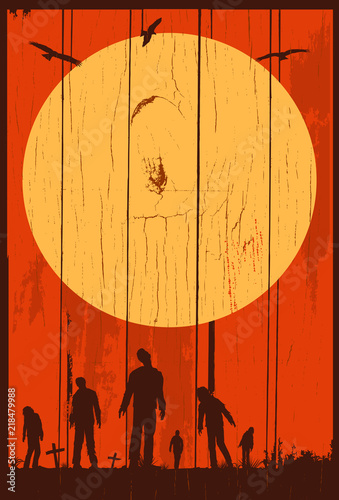 Silhouette of zombies walking at graveyard, Vector Illustration