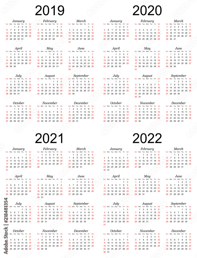 Four year calendar - 2019, 2020, 2021 and 2022 in white background ...