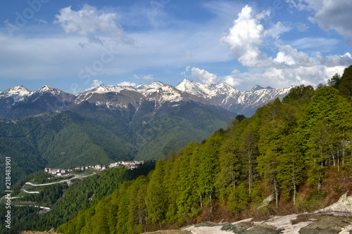 Unparalleled landscape. Trees on the slope of the mountain in Krasnaya Polyana on the background of a beautiful mountain range and blue sky with white clouds in the spring. Sochi. Rosa Khutor. Adler.. © Юрий Кашунцов