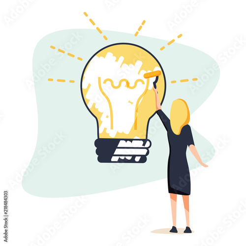 Big idea concept. Business woman draws large light bulb on wall. Symbol of new discoveries and startap. Web template. photo