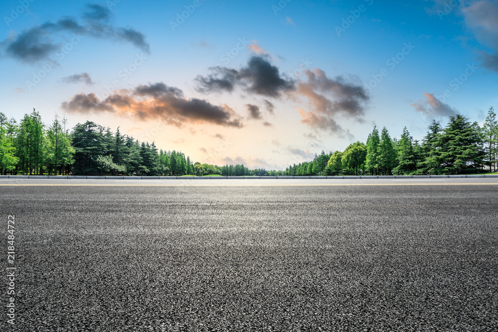 Empty asphalt road and green forest landscape at sunrise - obrazy, fototapety, plakaty 